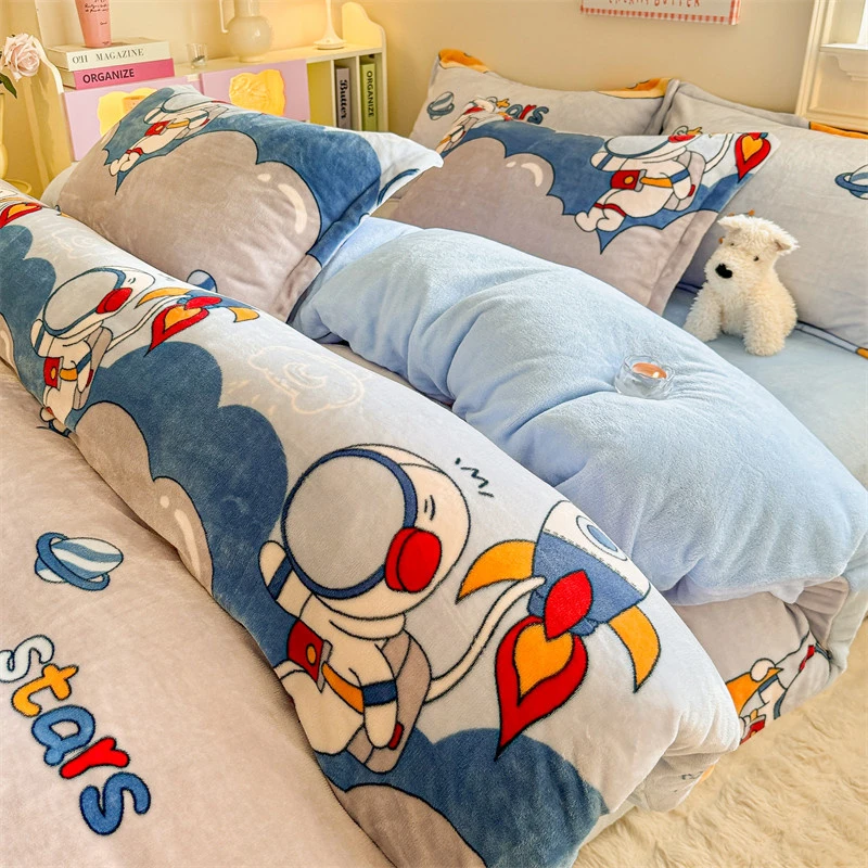 2024新款卡通时尚风高克重亲肤加厚牛奶绒四件套加绒床单三件套