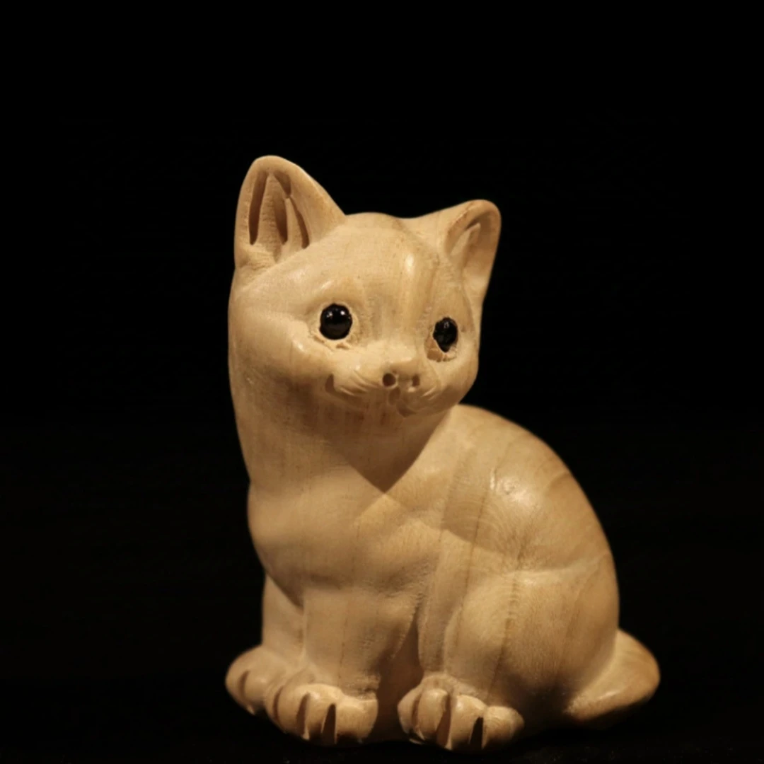 桃木雕刻小猫咪摆件