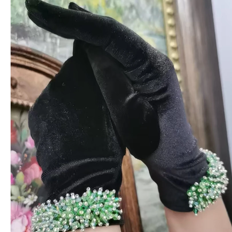 法式轻奢黑色水钻羊毛手套优雅婚礼时尚