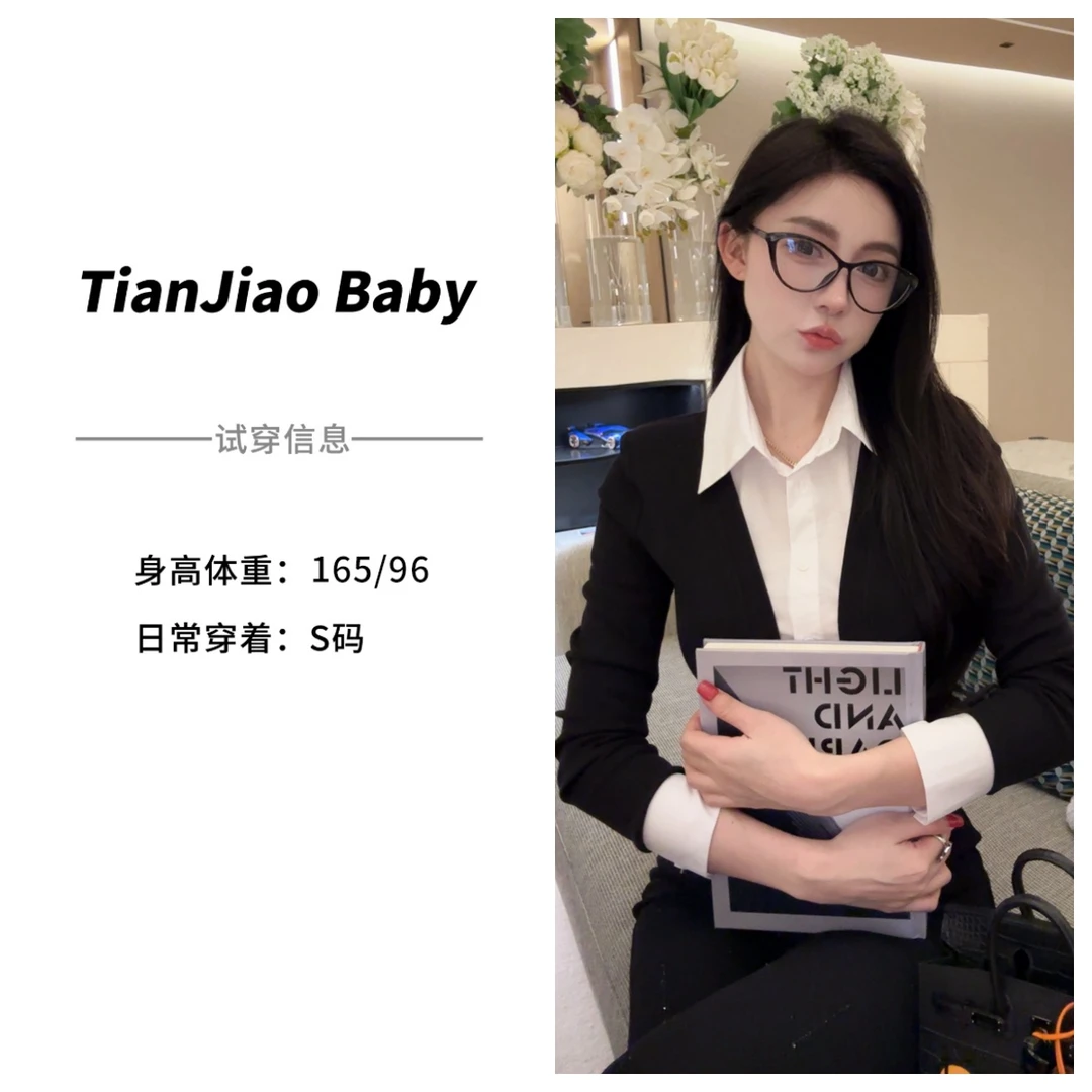 田娇baby  秋季新款  黑色针织拼白色假两件上衣  职场高级感衬衣