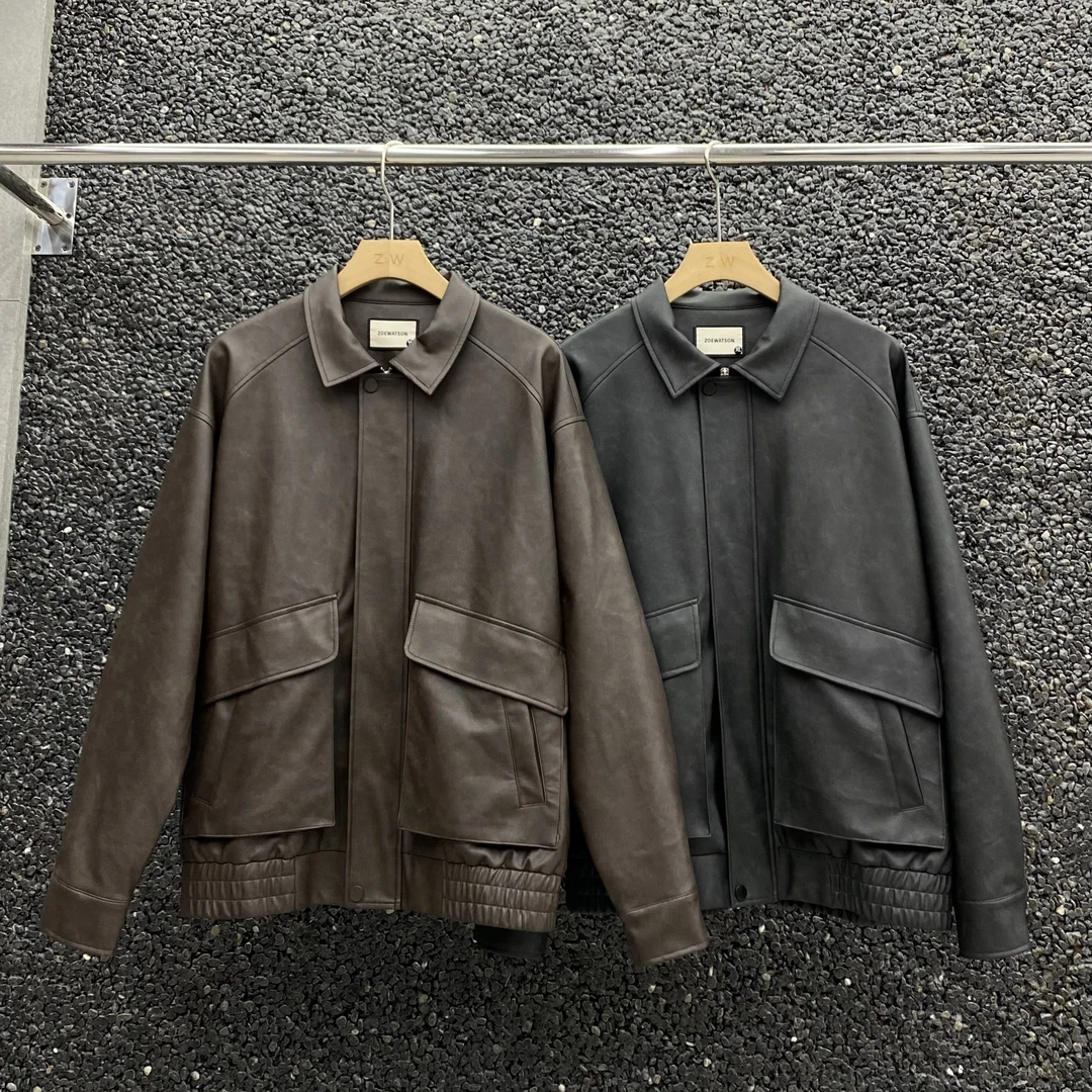 男女款软皮衣宽松落肩韩版翻领机车服翻领飞行员皮夹克防风袖外套
