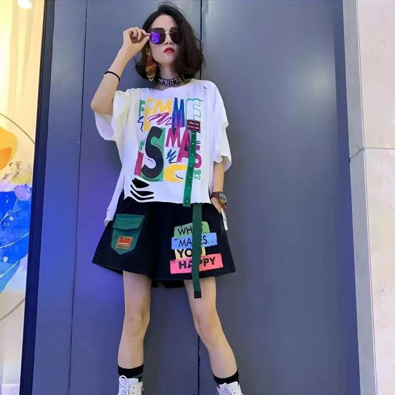 欧洲站2025夏季新款创意印字母破洞个性上衣时尚短裤休闲两件套装
