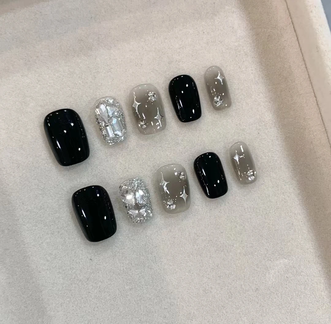 黑色日记黑色美甲手工穿戴式气质指甲贴复古渐变流行ins可穿戴甲