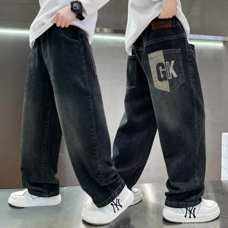 男孩牛仔裤春秋款休闲百搭中大童新款痞帅复古深色潮流软牛仔长裤