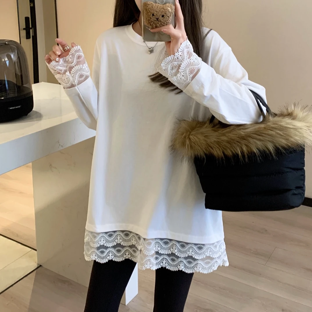 【7018】春季新款双层蕾丝花边圆领长袖打底