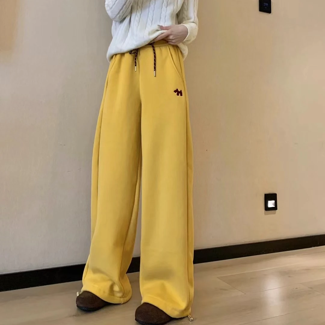 【3549-53】冬季新款加绒加厚纯色小狗刺绣阔腿束脚两穿卫裤