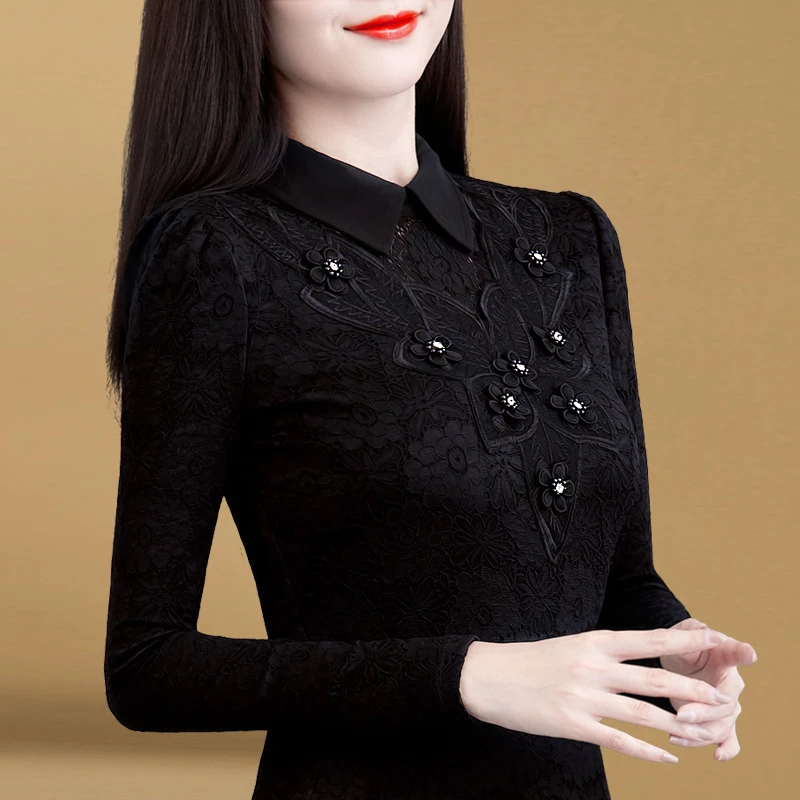 0399黑色蕾丝打底衫2024冬季新款洋气加绒小衫显瘦气质百搭女上衣