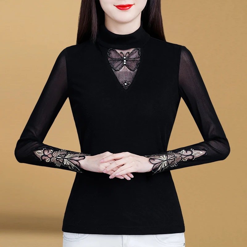 HQ2109L85214秋冬洋气上衣立领气质时尚修身加绒网纱小衫