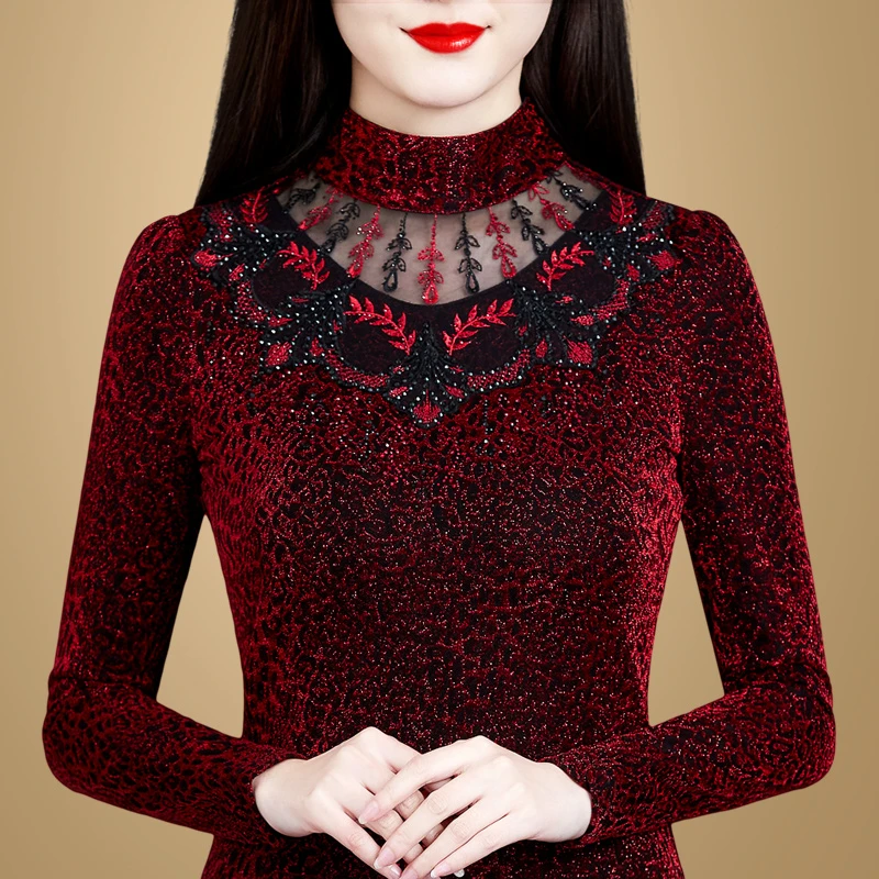 4860加绒打底衫女长袖2024冬季新款洋气内搭红色上衣高领保暖小衫