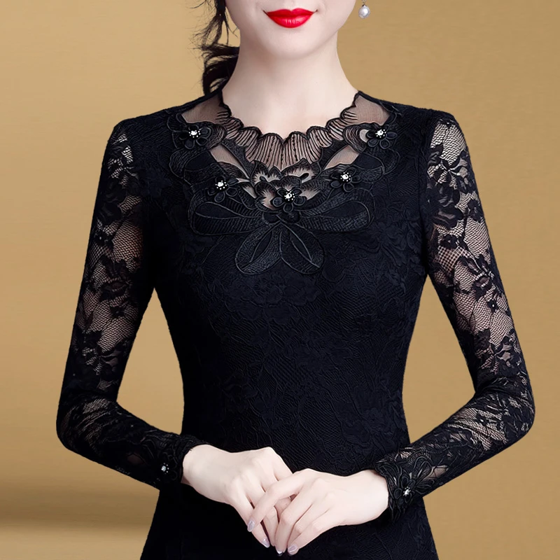 0025蕾丝打底衫女冬季2024新款长袖内搭洋气小衫加绒保暖女士上衣