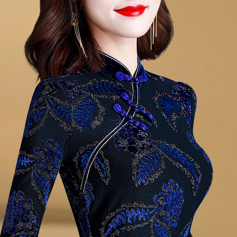 80001洋气小衫女2024冬季新款旗袍领加绒加厚打底衫女长袖收腰