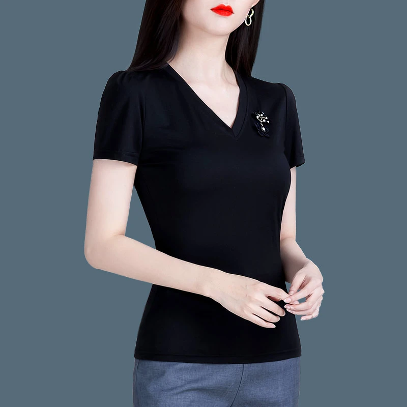 SZ22971短袖T恤女秋装2023新款V领修身上衣女夏季薄款