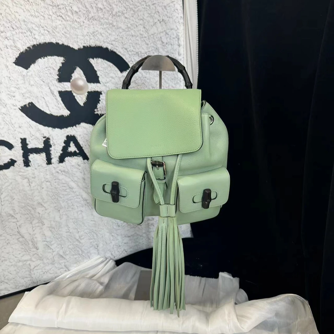 95新 GUCCI/古驰 坤球奢选 古驰竹节豆沙绿双肩包