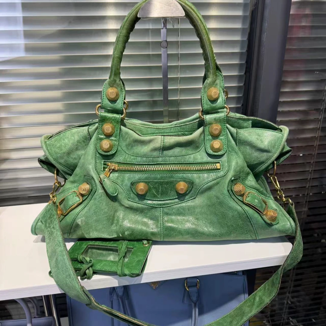 95新 Balenciaga/巴黎世家 坤球奢选 巴黎世家绿金中号机车包