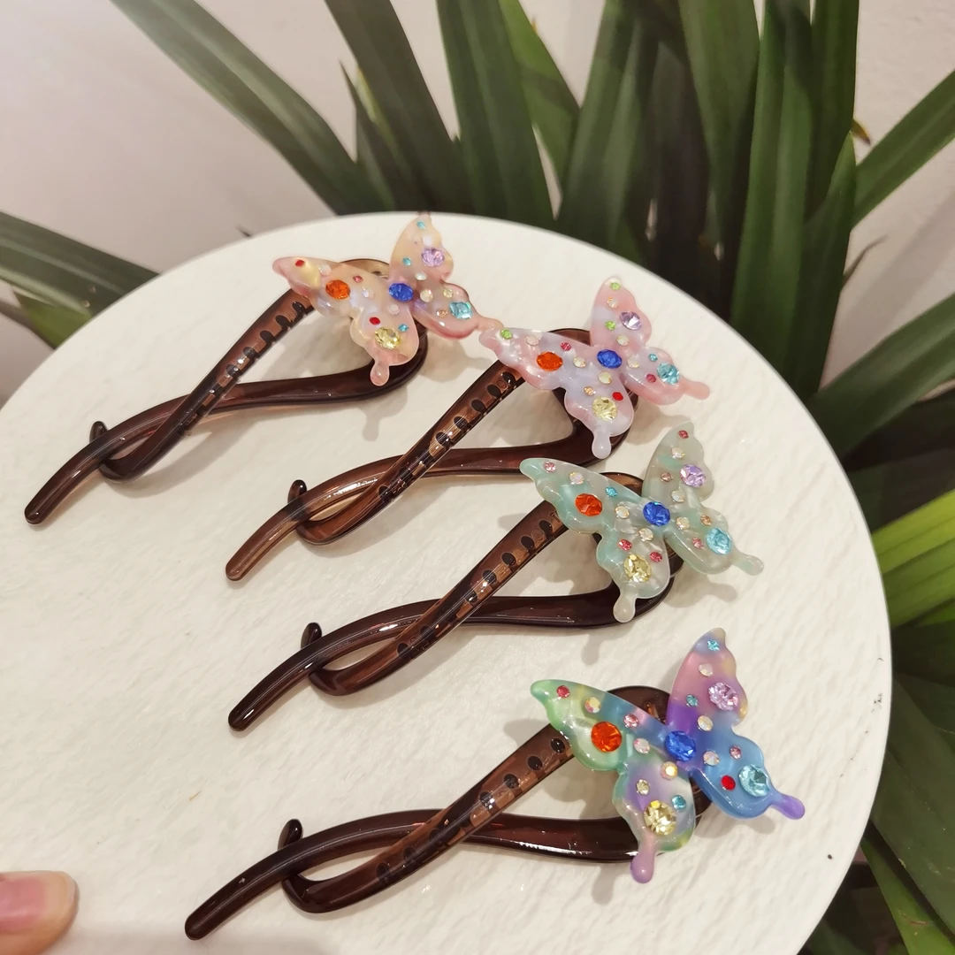 新款醋酸蝴蝶带钻扭扭一字夹后脑勺盘发抓夹女高级感一字夹子头饰