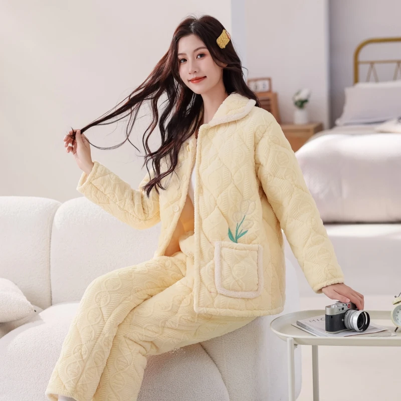 睡衣女士冬季三层加厚夹棉珊瑚绒法兰绒保暖甜美可爱秋冬天家居服