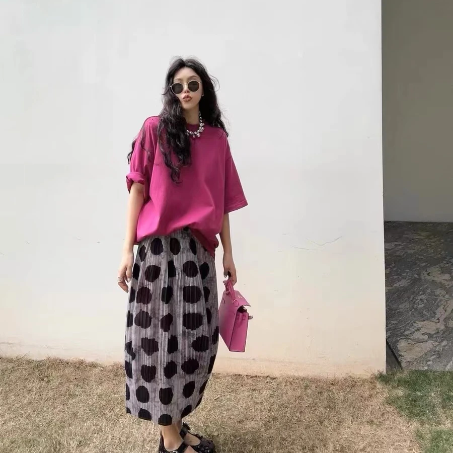 2025年三宅小众复古茶色黑点褶皱女高腰波点女士时尚显瘦半身裙