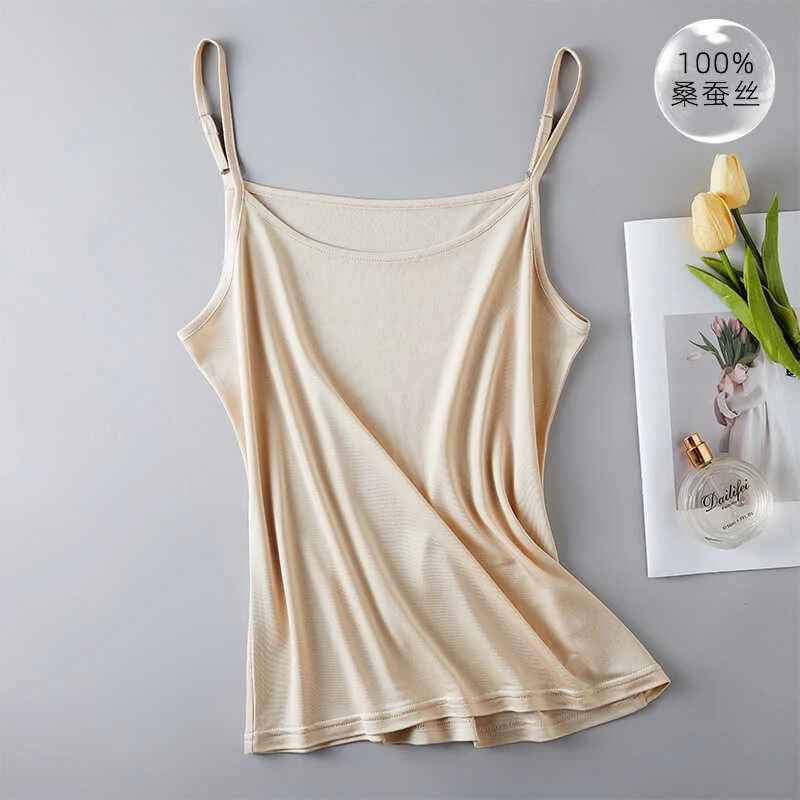 6A级高品质100%桑蚕丝吊带背心 双面针织真丝短款透气百搭打底衫