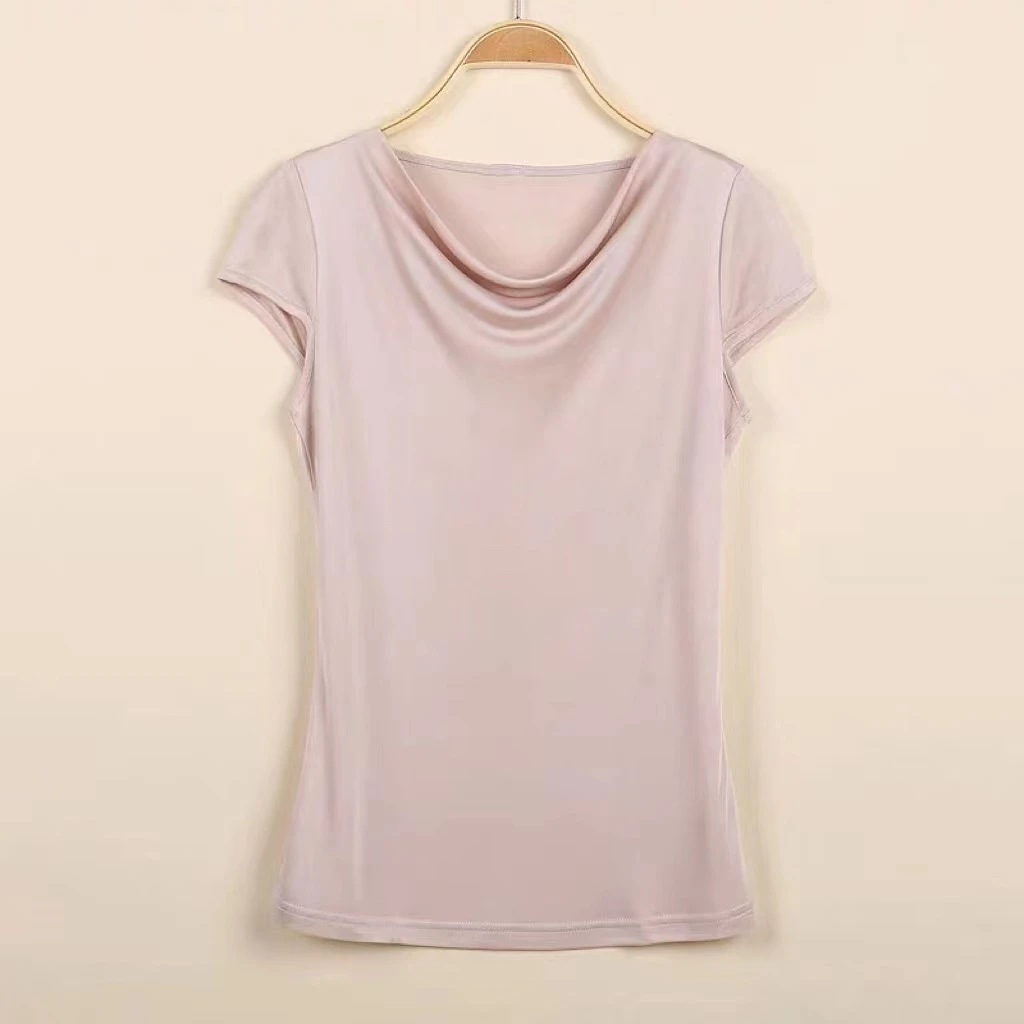 新款重磅真丝女夏T恤短袖 桑蚕丝双面堆堆领打底衫 大码简约款