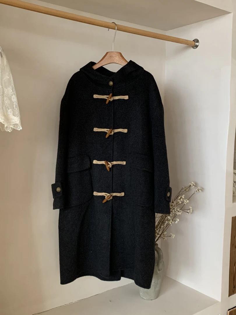 秋屿moment 复古宽松百搭牛角扣连帽中长款大衣外套