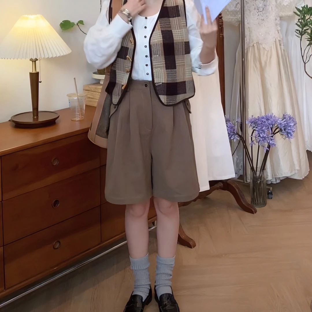 秋屿moment 自制 复古百搭宽松休闲简约松紧腰系扣短裤
