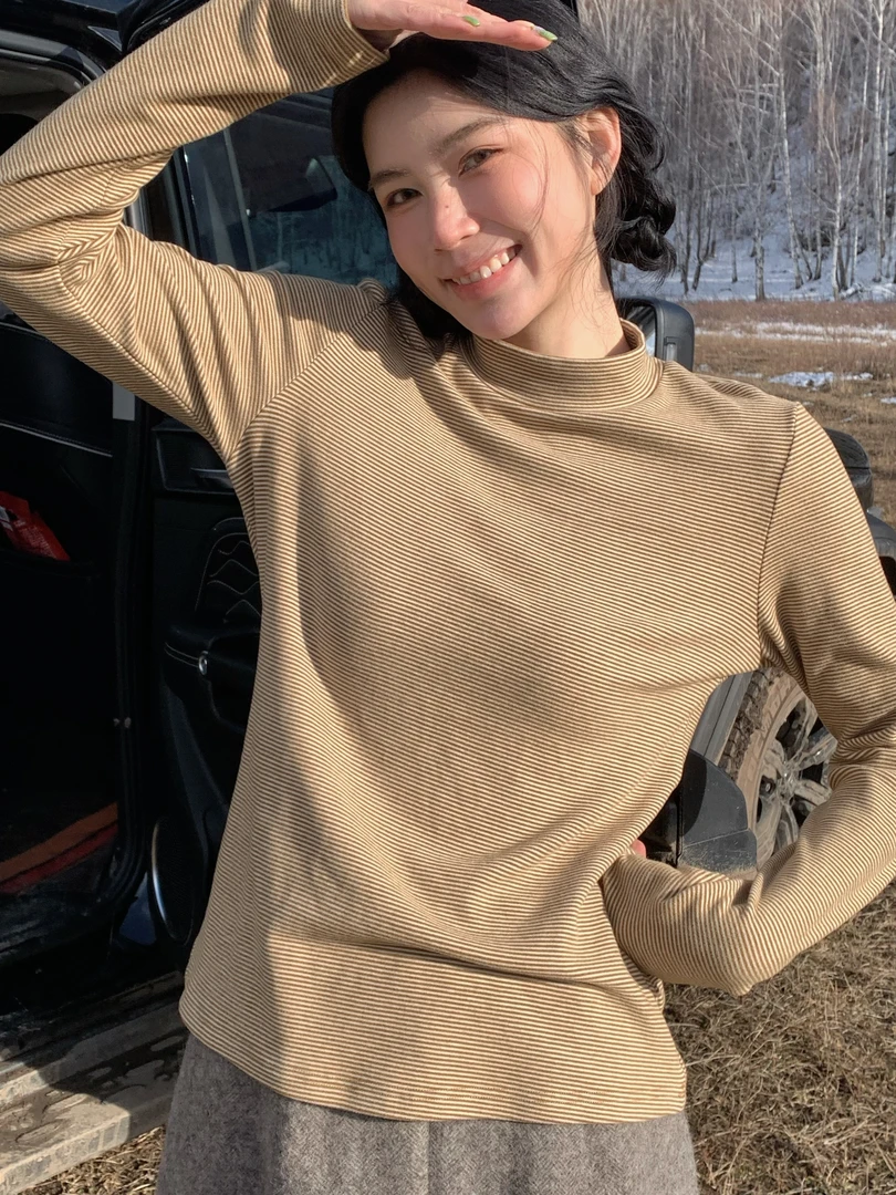 秋屿頔moment 自制 简约百搭条纹休闲长袖打底衫