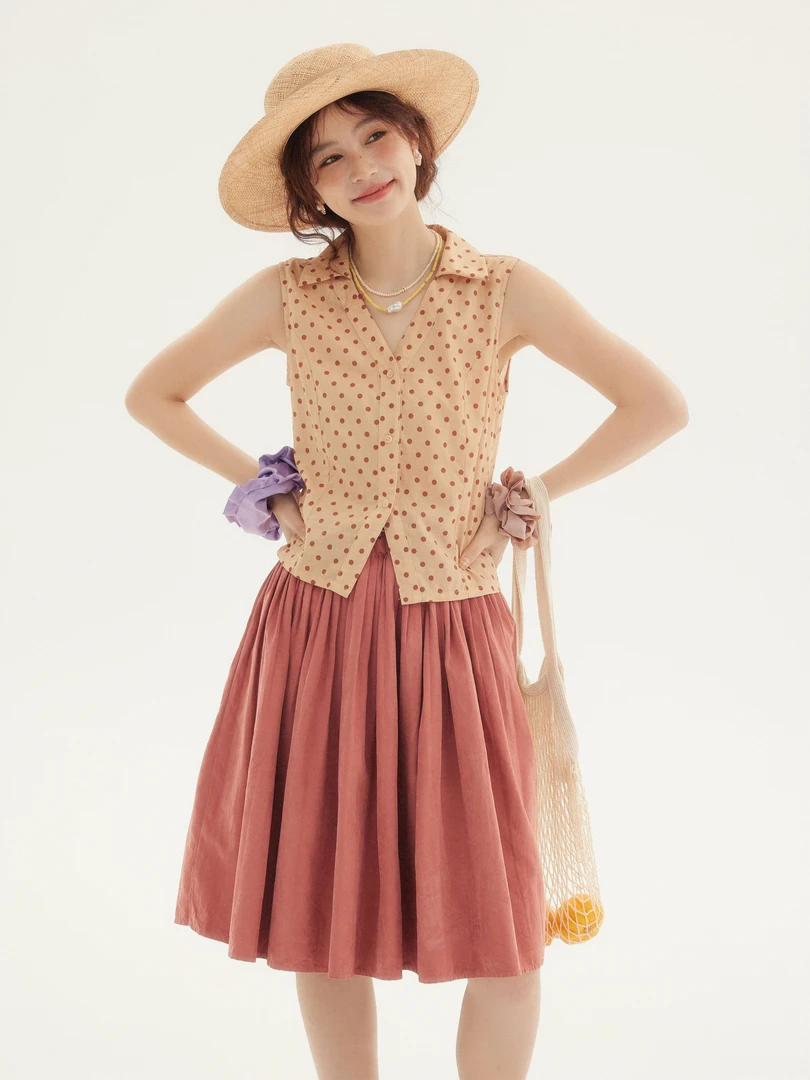 秋屿moment 自制 复古港风简约波点系扣无袖衬衫背心衫