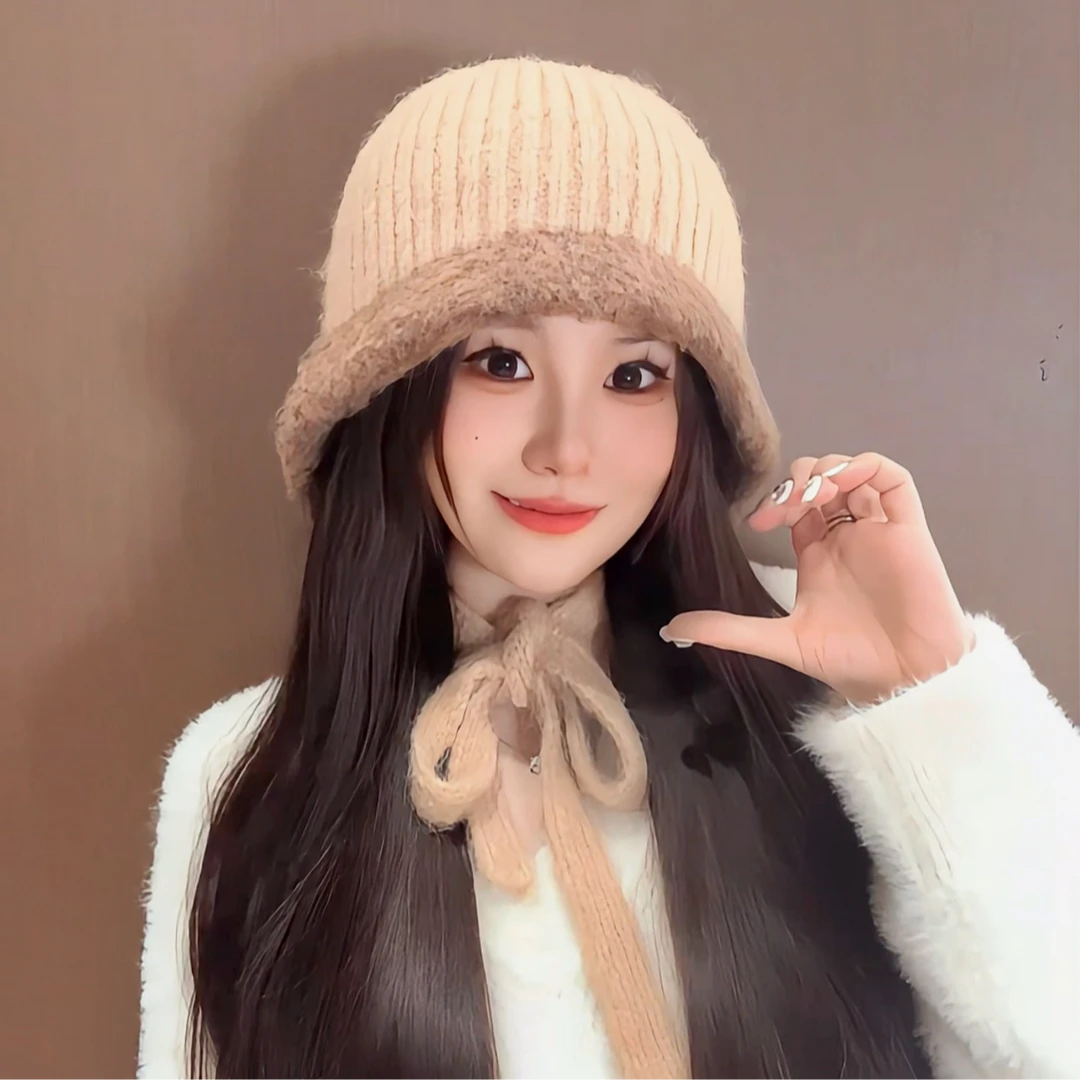 2024新款毛绒针织帽子女新款秋冬加厚保暖毛线帽显脸小白色