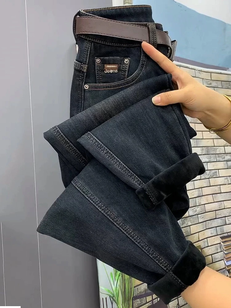 2025年秋季新款蓝灰色大码哈伦牛仔裤女加绒加厚微胖mm宽松老爹裤