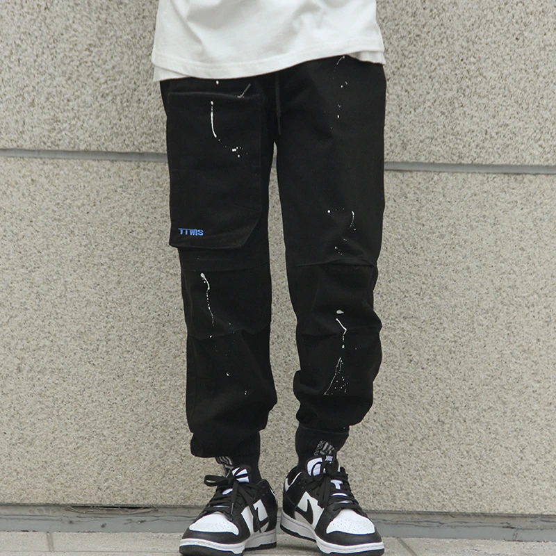 TTWIS潮流直筒休闲裤男潮牌港风泼墨工装裤宽松多口袋抽绳束脚裤