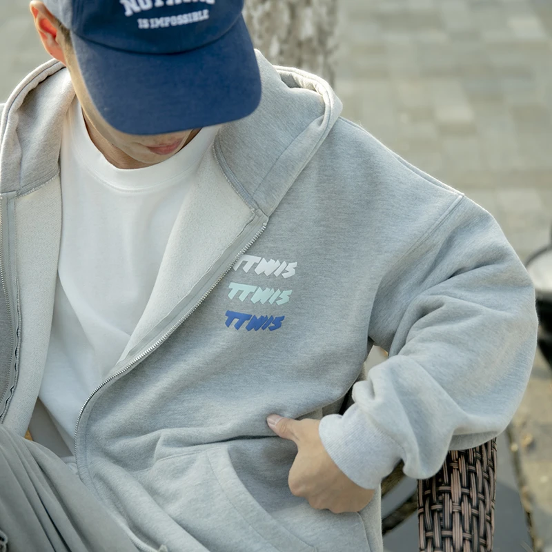 TTWIS潮流拉链加厚卫衣男潮牌秋冬加绒印花情侣开衫百搭情侣夹克
