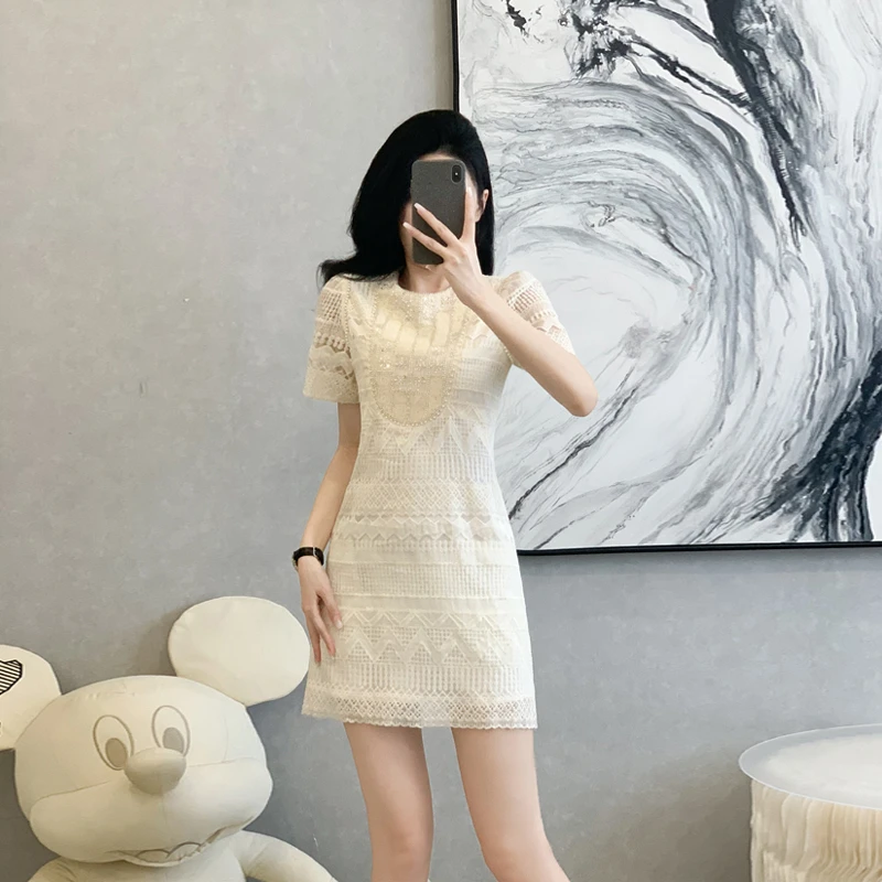 名媛镂空蕾丝连衣裙女夏季新款高级感a字裙子小个子短裙正式场合