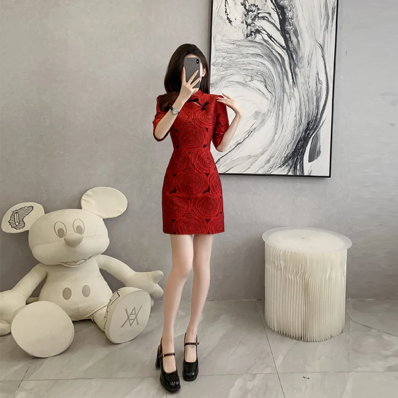 中国风七分袖红色婚宴年轻款气质立领女装连衣裙早春装新中式旗袍
