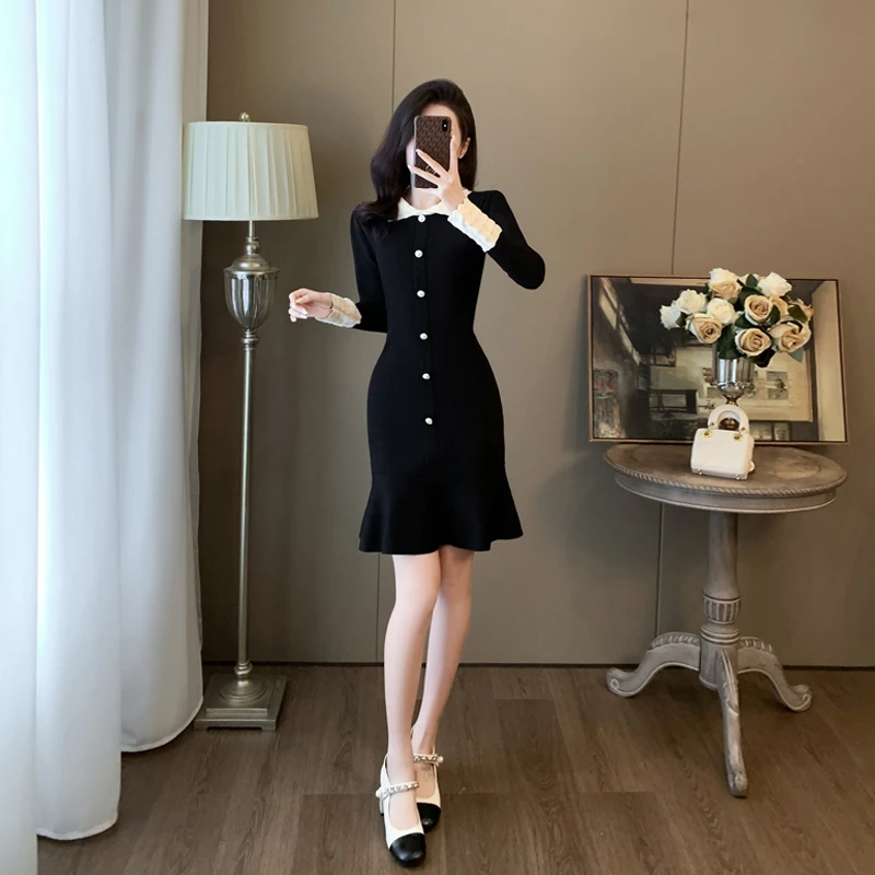 轻奢小香风黑色针织连衣裙女2024秋新款高级感打底修身毛衣鱼尾裙