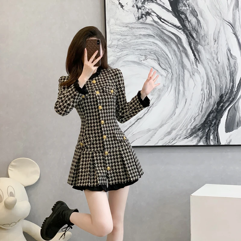 小香风格子连衣裙女秋冬季新款高级感法式气质名媛收腰显瘦a字裙