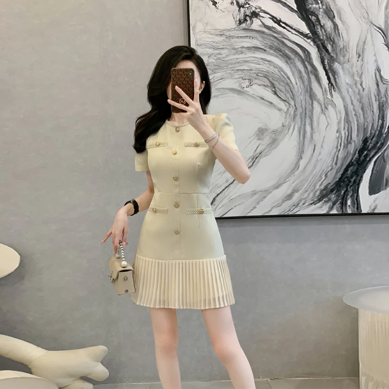 法式小香风女装连衣裙女夏富家千金感气质收腰A字裙设计感百褶裙