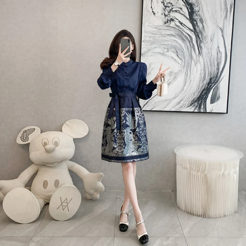 新中式立领提花大摆重工织金刺绣马面裙女2024春款新款汉服连衣裙