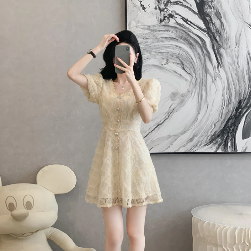 法式小香风v领连衣裙女夏季新款女装小个子高级感气质收腰a字裙子