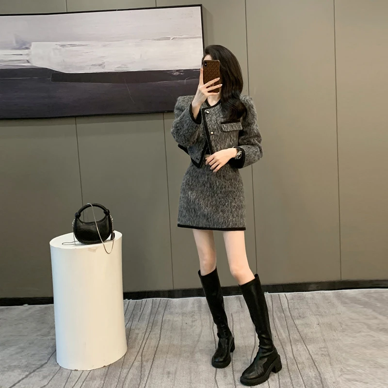 富家千金气质毛呢套装裙女秋冬季新款名媛呢子外套半身裙两件套