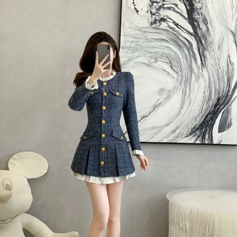 千金风连衣裙女秋冬季高级感轻奢撞色花边法式小香风百褶裙小个子