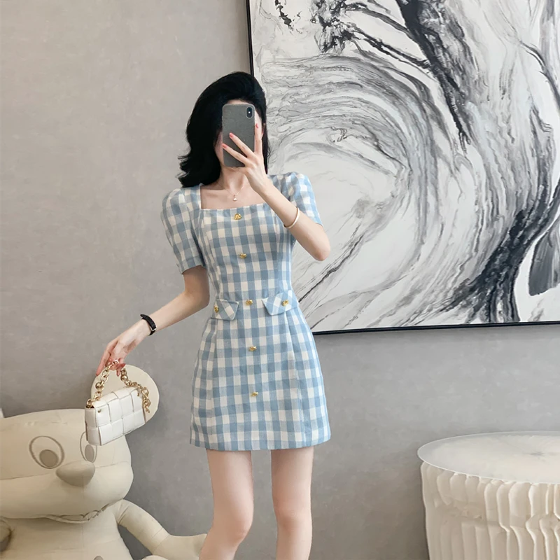 法式小香风方领格子连衣裙女夏季新款富家千金感收腰短裙小个子