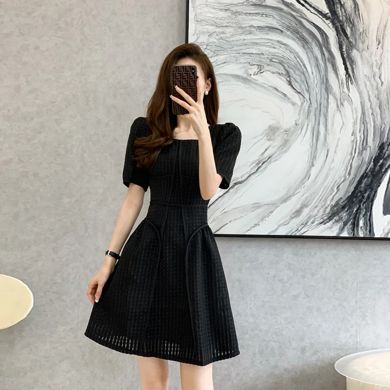 法式复古收腰显瘦小个子连衣裙女夏季提花气质小香风短款小黑裙子