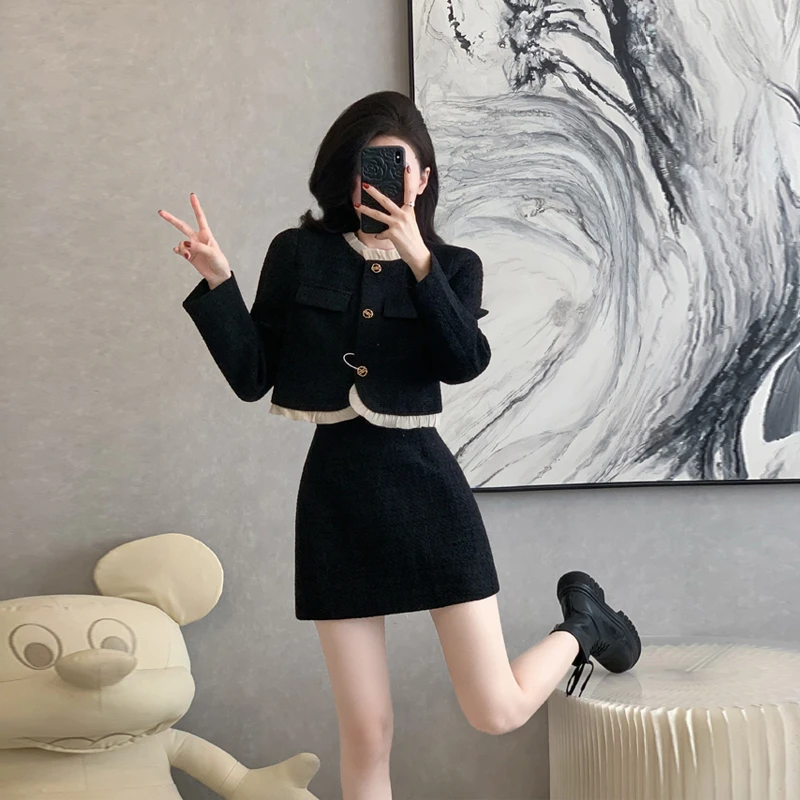 小香风时尚套装女春秋新款高端气质千金洋气木耳边外套短裙两件套