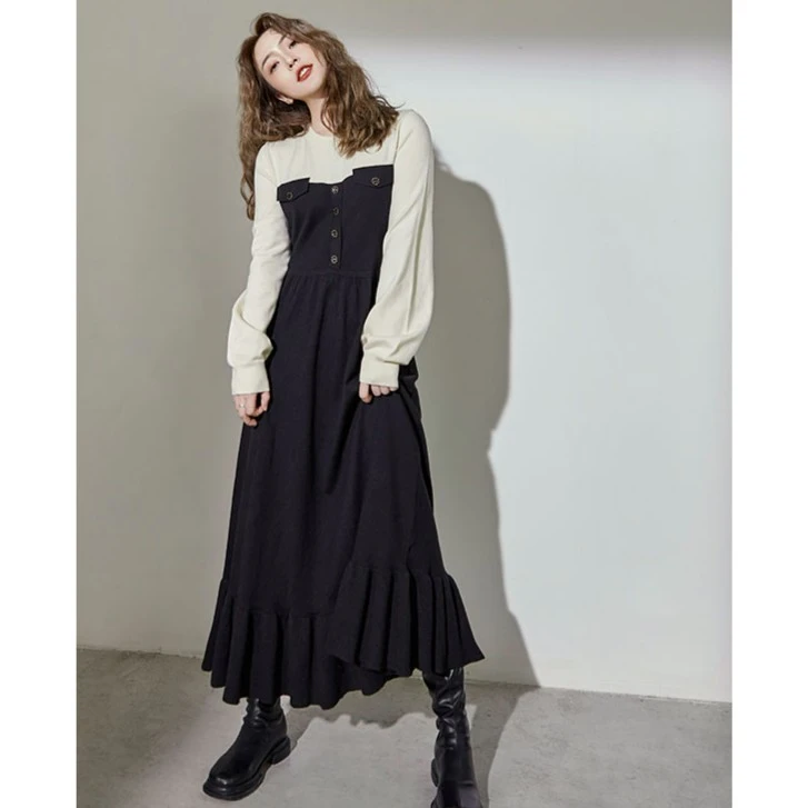 唐狮法式气质收腰假两件针织女装【高级感】连衣裙长裙927423104716