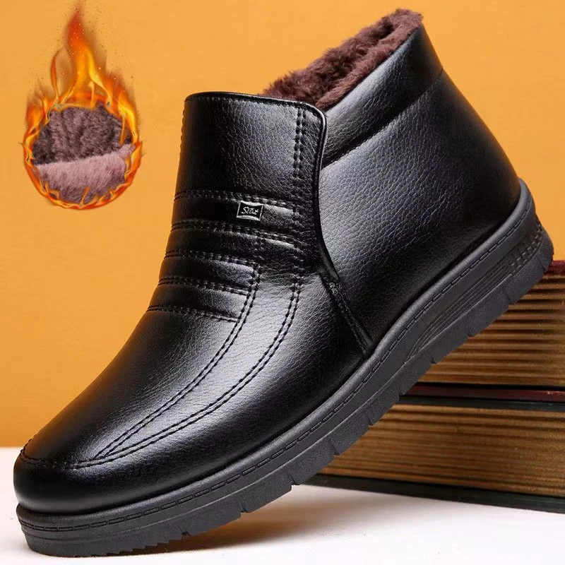 冬季保暖加绒防滑男士休闲高帮棉鞋老年人棉鞋男老人男士休闲皮鞋