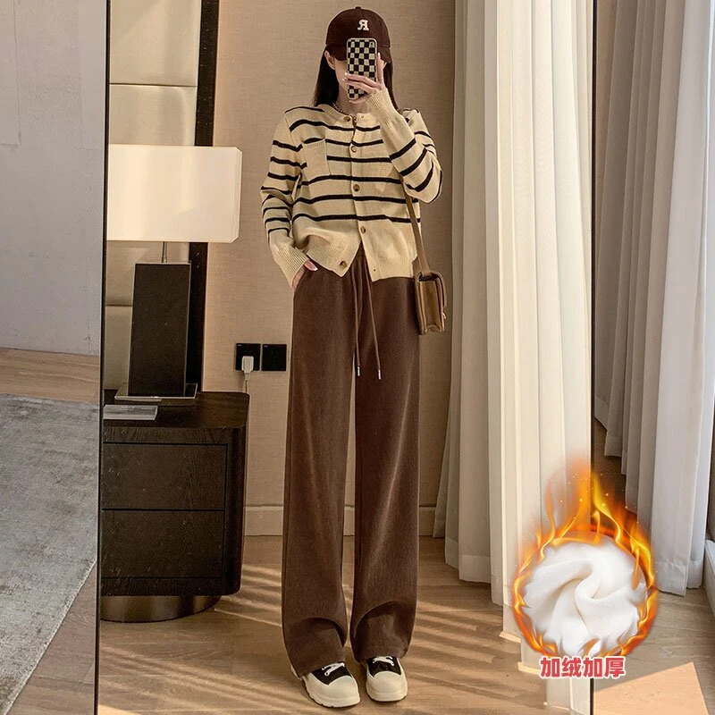 秋冬加绒欧棉绒口袋圆绳女保暖显瘦雪尼尔休闲高腰垂感直筒阔腿裤