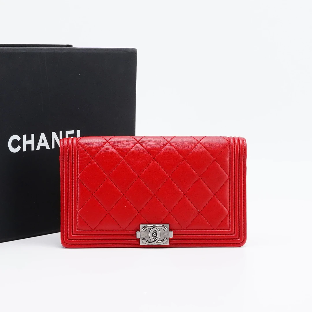 95新 Chanel/香奈儿 一口价【桔夕静文】leboy钱包长款红银