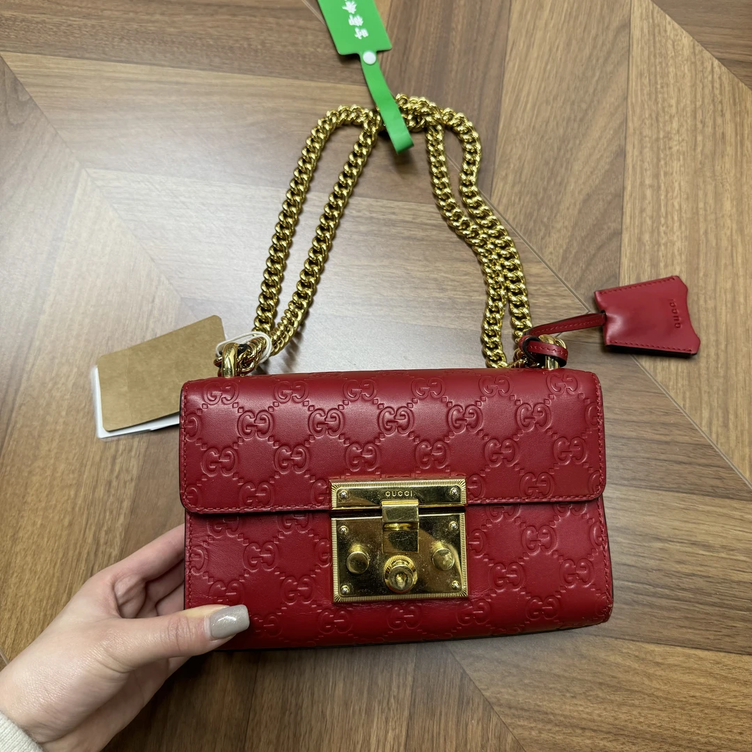 95新 GUCCI/古驰 【桔夕佳佳】B19/红色压纹全皮月光宝盒小号