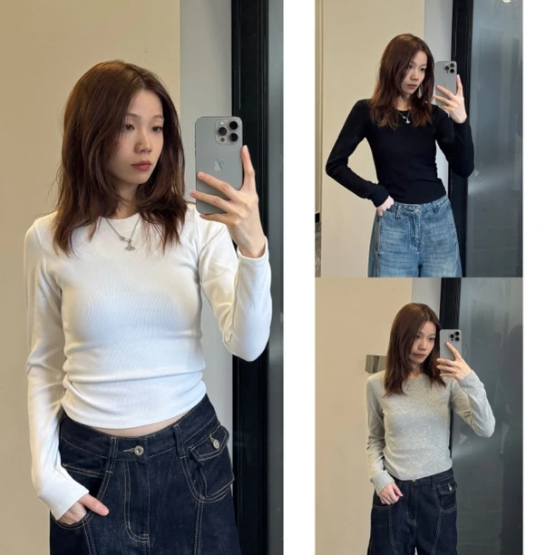 螺纹正肩圆领长袖T恤女秋冬修身弹力显瘦 短款上衣纯色百搭打底衫