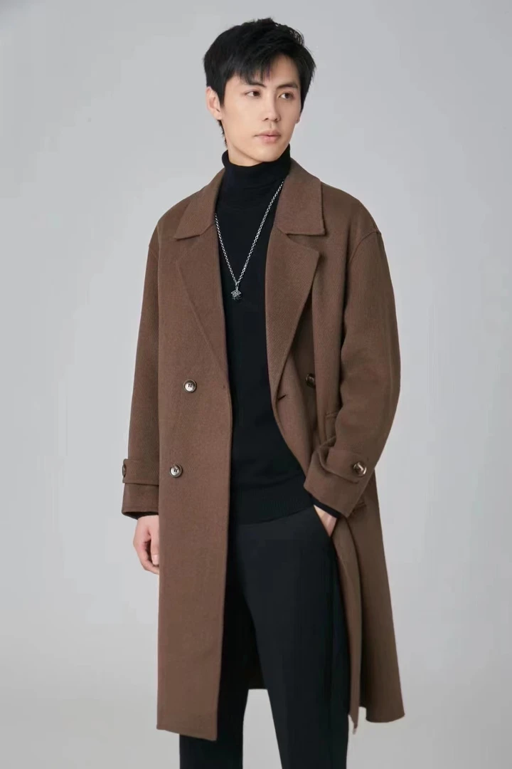双面羊毛呢外套男士中长款冬季加棉加厚双排扣商男士长款羊绒大衣